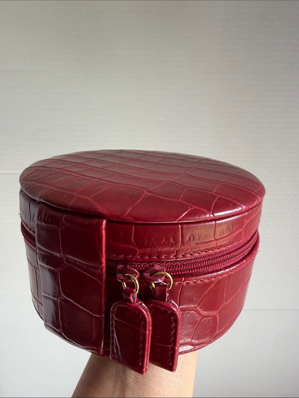 Round Red Croc-Embossed Travel Jewelry Case